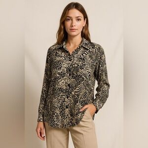 VINTAGE Elizabeth Terrell Women Blouse M Brown Silk Animal Print Jungle Safari